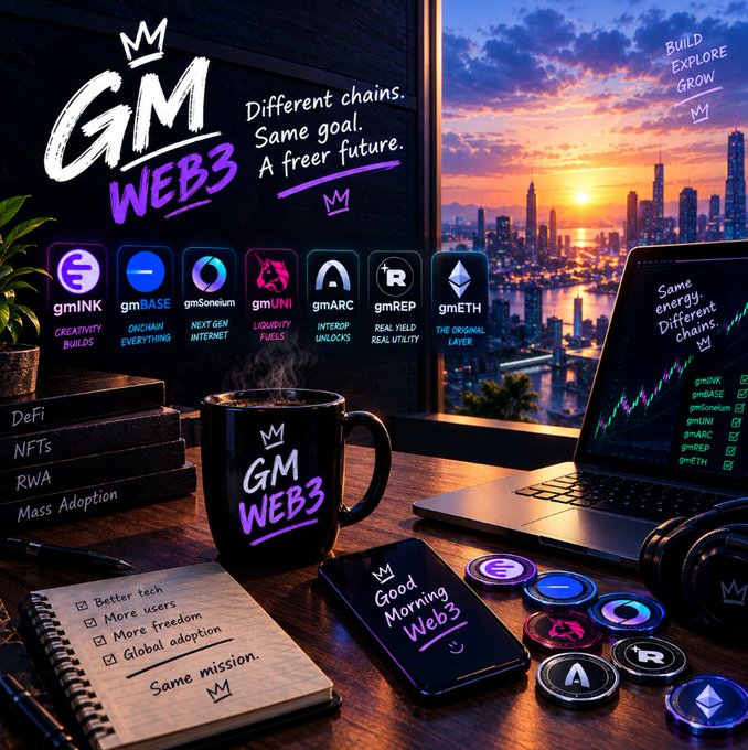 A promotional graphic for 'GM WEB3' featuring a desk setup with a laptop, coffee mug, and smartphone displaying the 'GM WEB3' logo, set against a city skyline at sunset, showcasing various Web3 projects like gmINK, gmBASE, and gmETH.