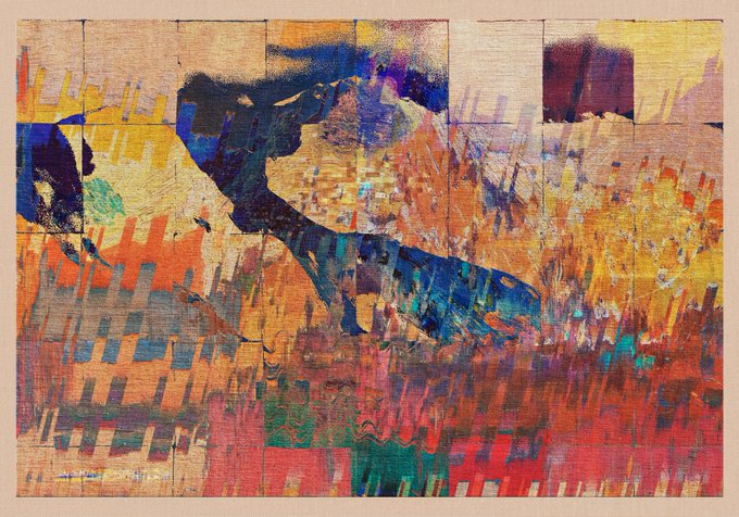 An abstract mixed-media painting with bold blue, orange, red, and yellow shapes creating a textured, layered composition on what appears to be a cardboard or wood surface.