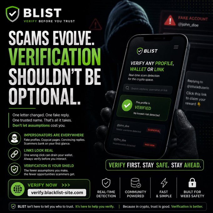 A promotional graphic for 'BLIST' security service with the tagline 'VERIFY BEFORE YOU TRUST,' showing a smartphone app that detects fake accounts and scam profiles.