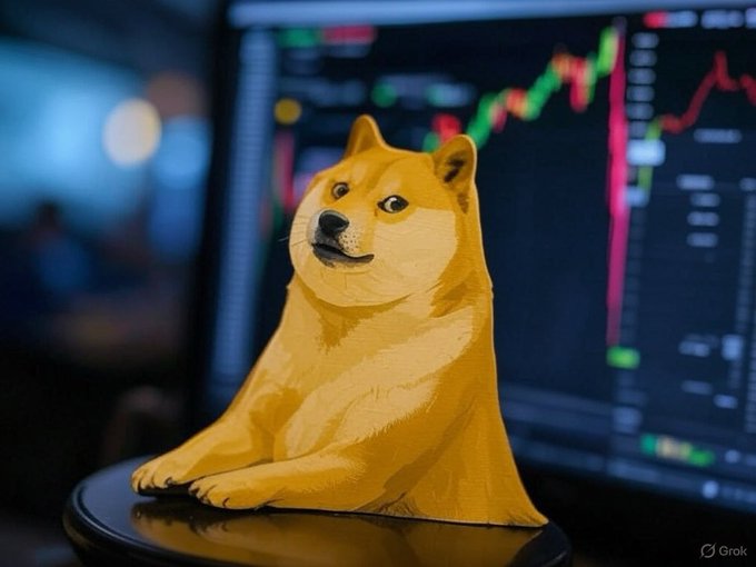 A 3D-rendered Shiba Inu dog (Doge) figurine sitting on a black surface, with a computer monitor in the background displaying a stock trading chart with red and green candlesticks, signed 'Grok'.