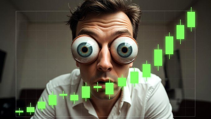 A wide-eyed, stunned man stares intensely as a candlestick chart with six consecutive green bullish candles rises sharply across the frame, visually echoing the post's excitement about Bitcoin potentially closing its sixth daily green candle in a row.