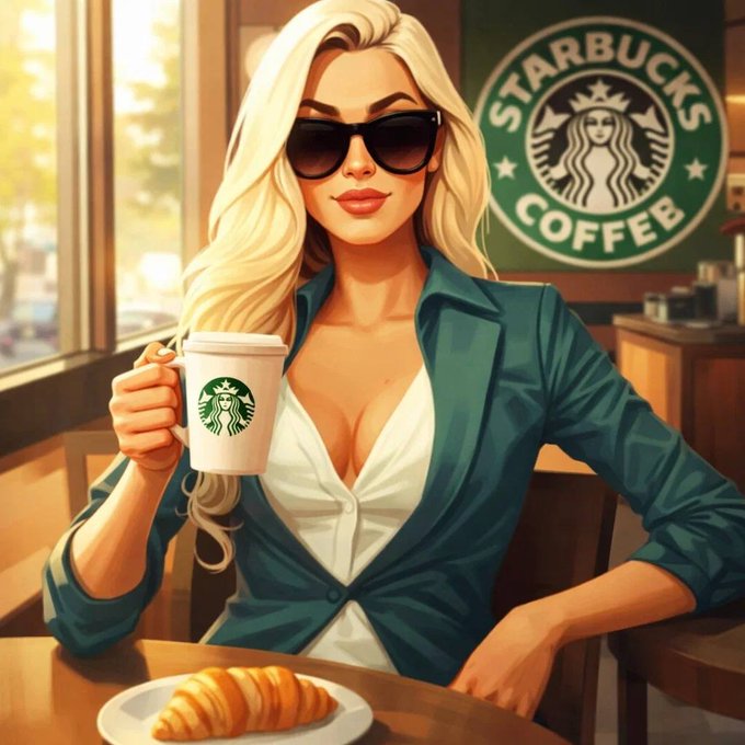 A stylized illustration of a blonde woman wearing sunglasses at a Starbucks, holding a Starbucks coffee cup with a croissant on the table and the Starbucks logo visible behind her.