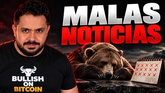 A man wearing a "BULLISH ON BITCOIN" shirt appears alongside a resting brown bear, a calendar marked with red X's, and large text reading "MALAS NOTICIAS" (Bad News), visually reinforcing the post's warning that expecting large Bitcoin percentage gains in the early months of a bullish phase—as $BTC awaits $STRC reaching $100—is a poor decision.