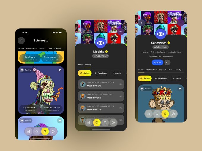 Three mobile phone mockups display a dark-themed NFT marketplace app called 'Schmrypto', featuring digital collectibles like Meebits and Rareible items.