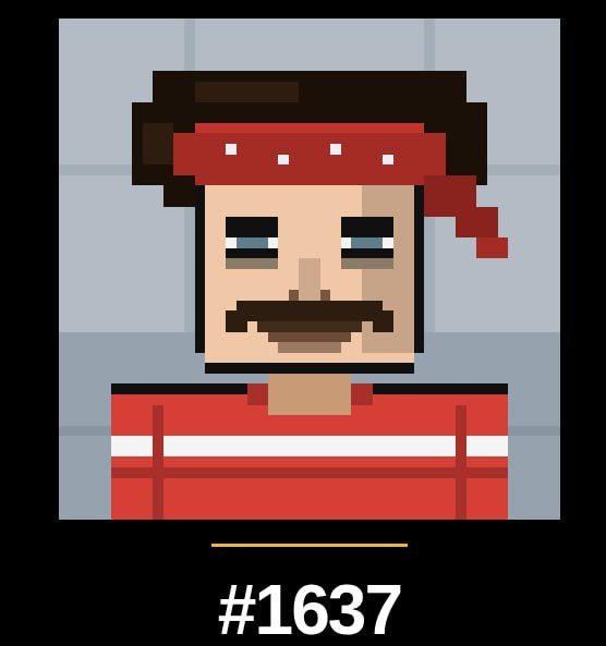 A pixel art character portrait labeled #1637 depicts a man with a red bandana, mustache, goatee, and red and white striped shirt against a brick wall background.