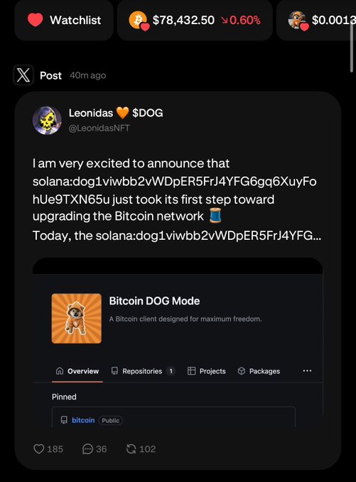 A social media post screenshot (X/Twitter) from 'Leonidas @LeonidasNFT' announcing 'Bitcoin DOG Mode' as a Bitcoin client, showing prices of $78,432.50 and $0.0013 at the top.