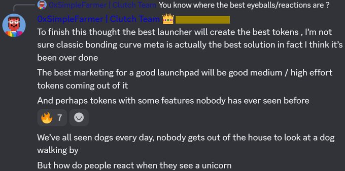 A Discord message from user "0xSimpleFarmer | Clutch Team" discussing launcher strategies and token creation, arguing that the best launchpad will produce innovative medium/high effort tokens rather than overdone classic bonding curve meta, comparing successful tokens to "unicorns" that stand out versus ordinary "dogs" that go unnoticed. The post relates to "Clock In $STONKBROKER" by emphasizing the importance of unique, attention-grabbing token features over repetitive launches.
