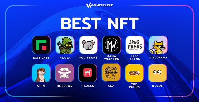 A blue promotional graphic titled 'BEST NFT' by WHITELIST featuring icons for various NFT collections including Exit Labs, Hooja, Foc Bears, Mana Wizards, JPEG Frens, Dizcorvus, Otto, Hollows, Hazels, AKA, Zec Punks, and Bolds.