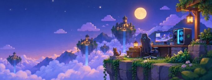 A pixel art scene depicts a figure with long dark hair sitting at a gaming PC with glowing teal tower on a floating cliffside at night, gazing at floating islands and castles under a full moon and starry sky.