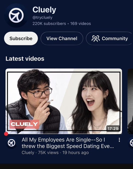A YouTube channel page for 'Cluely' (@trycluely) with 220K subscribers, showing a latest video thumbnail titled 'All My Employees Are Single--So I threw the Biggest Speed Dating Eve...'