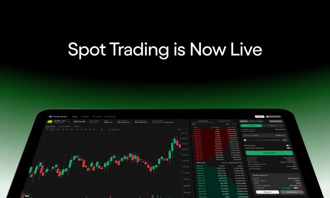 A promotional graphic with the text 'Spot Trading is Now Live' displayed above a tablet showing a trading interface with a candlestick chart and order book.