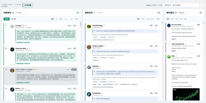 A screenshot of the alpha.fajiazhifu.cc dashboard showing the "Top 50 Hottest Crypto Twitter Rankings" on December 31, 2023, featuring ranked accounts like #1 Cronzilla, #2 Attention Monk, #3 Hunter Sider's Laptop, and #4 Stark with their social influence scores (AAA, AA ratings), alongside sections for "New Discoveries" (CaesarStrategy, Project Jupiter, Sterling, FlowBooster) and a "Top Tweets" panel displaying posts from notable crypto figures like Nik The Same and OneLastShillTank.