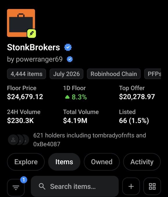 A mobile screenshot shows the 'StonkBrokers' NFT collection by powerranger69 with 4,444 items, a floor price of $24,679.12, and 1D floor up 8.3%.