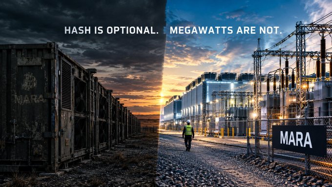 An advertisement shows two contrasting scenes: dark Bitcoin mining containers on the left and bright electrical infrastructure on the right, with the text 'HASH IS OPTIONAL. MEGAWATTS ARE NOT.' and 'MARA' branding.