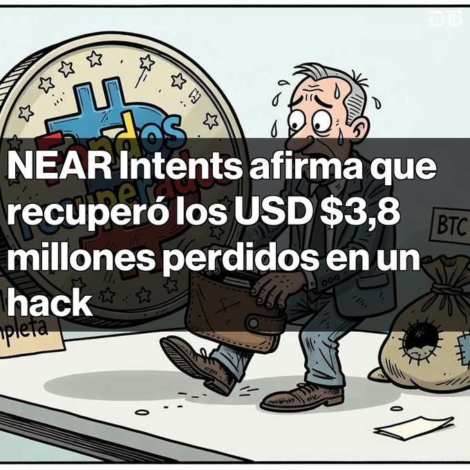 A cartoon illustration of a sweating man carrying a briefcase away from a giant Bitcoin-themed coin, with Spanish text reading "NEAR Intents afirma que recuperó los USD $3,8 millones perdidos en un hack."