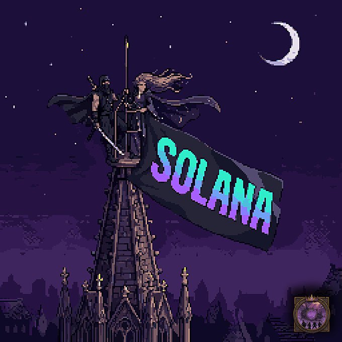 A pixel art scene depicts two figures atop a tall Gothic spire under a crescent moon and starry night sky, unfurling a black banner emblazoned with "SOLANA" in vibrant teal-to-purple gradient lettering, mirroring the post's theme of climbing to new heights alongside the $SOL token and the $GRNDV project.