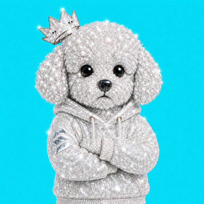 A glittery silver dog wearing a crown and diamond logo hoodie stands against a bright blue background, embodying the "diamond hands" meme with its sparkling, gem-themed aesthetic.