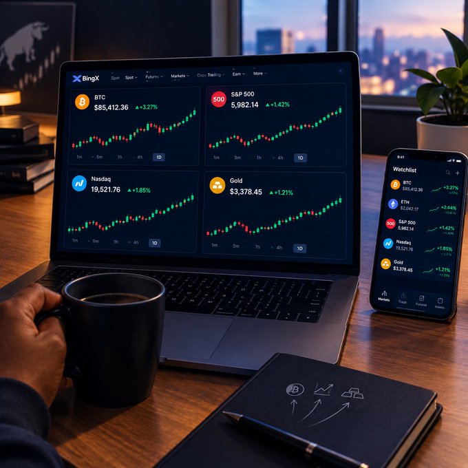 A moody desk setup featuring a laptop displaying BingX charts for BTC, S&P 500, Nasdaq, and Gold, alongside a smartphone showing a watchlist app, with a coffee mug in the foreground.