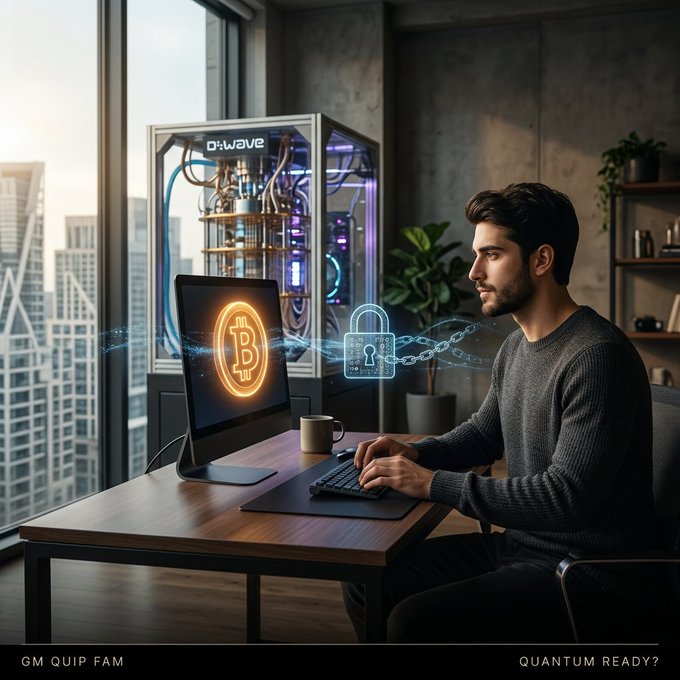 A digital illustration depicts a man working at a desk with a Bitcoin symbol on his monitor and quantum computing equipment behind him, captioned 'GM QUIP FAM' and 'QUANTUM READY?'