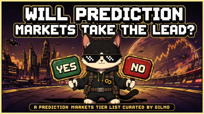 A retro pixel-art style thumbnail reads 'WILL PREDICTION MARKETS TAKE THE LEAD?' and features a sunglasses-wearing cat holding 'YES' and 'NO' signs, subtitled 'A PREDICTION MARKETS TIER LIST CURATED BY GILMO'.