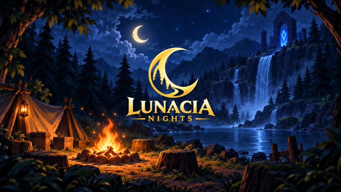 A fantasy landscape illustration features a moonlit camp with a tent, campfire, waterfall, and a logo reading 'LUNACIA NIGHTS' with a crescent moon.