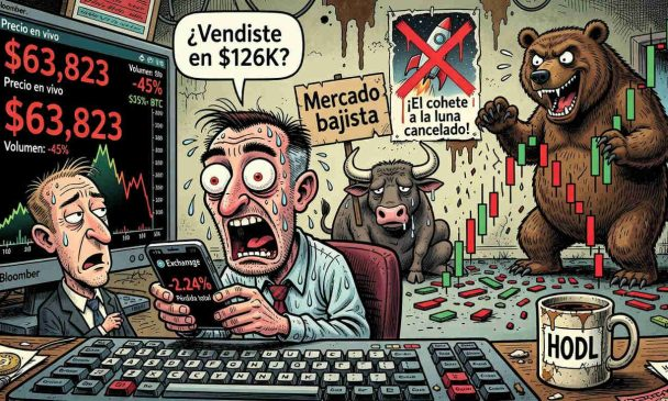 Spanish-language cartoon depicting panicked traders at computer monitors with crypto prices at $63,823, featuring a bear, a bull, text '¿Vendiste en $126K?', 'Mercado bajista', and a 'HODL' coffee mug.
