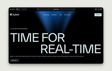 The image shows a website for Kyber, which is an AI company that provides real-time infrastructure solutions for various machines and robots. The website features a blue background with white text, displaying the company's name and services. It also includes a list of their offerings, such as controlling any machine or robot, latency below human perception, and providing solutions for remote workstations and immersive environments.