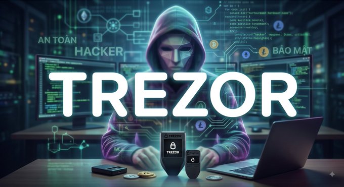 A digital illustration featuring a hooded hacker at a computer setup with Trezor hardware wallets, overlaid with the large text 'TREZOR' and other tech-related words like 'HACKER' and 'BẢO MẬT'.