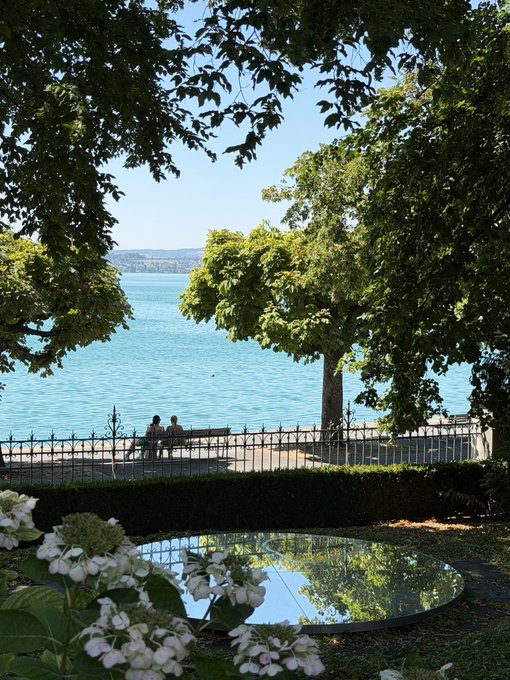 A serene morning view of Lake Zug framed by lush tree branches, with a couple sitting on a bench along a wrought-iron railing while white hydrangeas bloom in the foreground beside a reflective pool. The peaceful waterfront scene captures the tranquil charm of Zug on a sunny summer day.