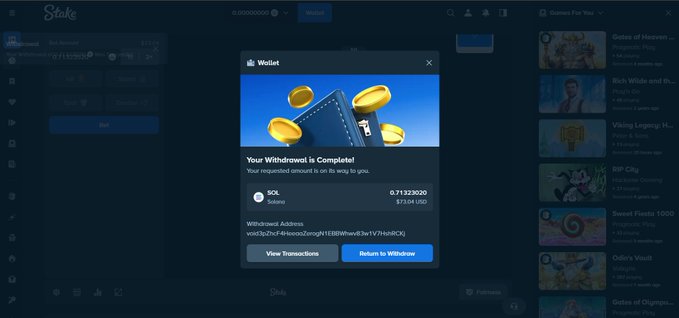 A screenshot of a 'Stake' platform showing a 'Wallet' pop-up that reads 'Your Withdrawal Is Complete!' with a transaction amount of 0.71323020 SOL.