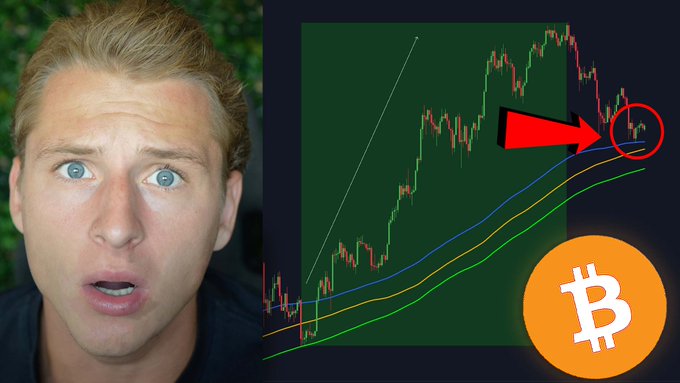 A shocked-looking young man appears beside a Bitcoin price chart showing a red arrow pointing to a circled signal, with the Bitcoin logo displayed, promoting the YouTube video "THIS #BITCOIN SIGNAL HAS NEVER FAILED!" about a supposedly reliable BTC trading indicator.