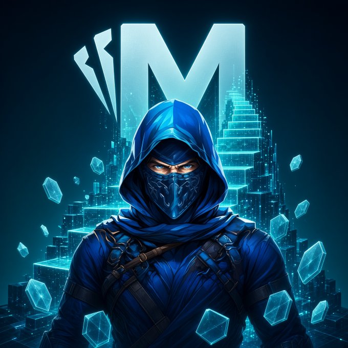 Digital artwork of a hooded, masked character in blue armor with the large glowing letters 'SM' behind him, surrounded by floating crystal shards and a futuristic staircase.