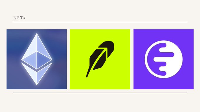 Three NFT icons displayed under the heading 'NFTs': the Ethereum logo, a green feather/quill symbol, and a purple circular logo.
