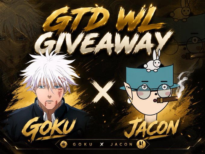 A promotional graphic for a 'GTD WL GIVEAWAY' featuring the anime character Gojo Satoru alongside a cartoon avatar named 'JACON', with 'GOKU X JACON' text at the bottom.