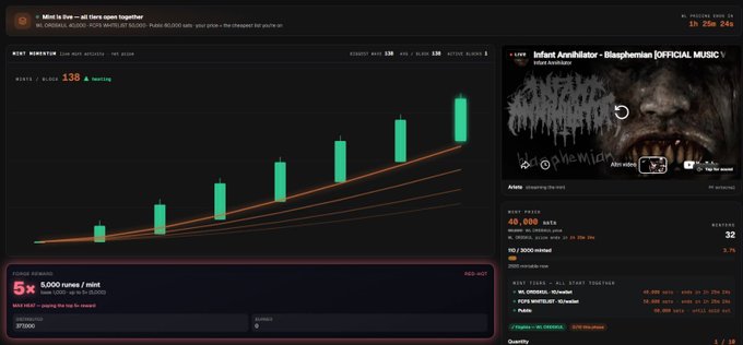 A screenshot of the NiceHash mining interface showing a 'MISC MANHATTAN' algorithm at 138 TH/s hashing, with a 5% pool fee and a YouTube video for 'Infant Annihilator - Blasphemian [OFFICIAL MUSIC]' playing in the sidebar.
