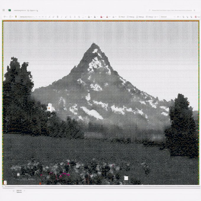 A grayscale image of a mountain peak with trees in the foreground, displayed in a pixelated, halftone style within a GIMP image editing window.