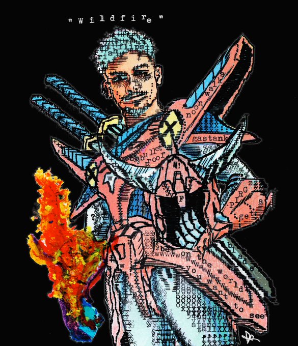A stylized, collage-style portrait titled "wildfire" featuring a man in intricate armor surrounded by abstract patterns and text. The artwork’s title "wildfire" is displayed at the top, matching the provided caption for the 1/1 auction.