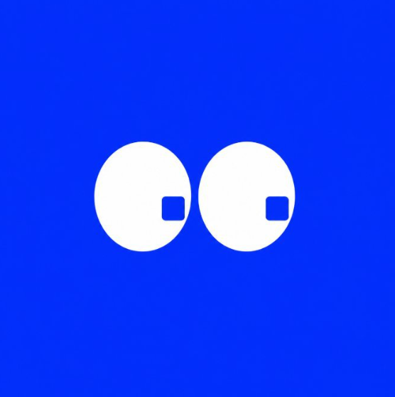 A blue background featuring two white circles side-by-side, each with a small square shape on one side.