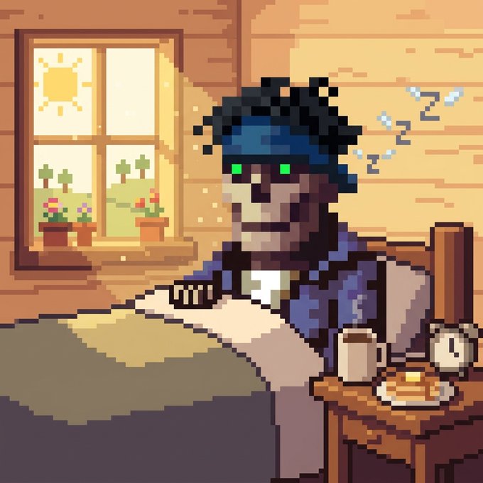 Pixel art scene showing a dark-skinned character with blue hair sleeping in bed on a sunny morning, with a plate of pancakes and an alarm clock on the nightstand.