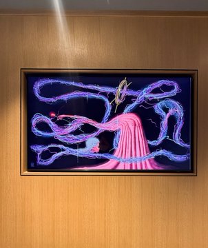A framed digital artwork depicting a stylized pink waterfall surrounded by glowing purple and blue serpentine forms, mounted on a wooden wall.