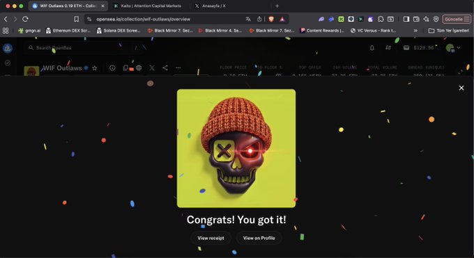 The image shows a dark-themed browser window displaying a pop-up with a yellow card featuring a skull wearing an orange beanie with an "X" on one eye, captioned "Congrats! You got it!" along with "View receipt" and "View on Profile" buttons, indicating a successful mint of a WIF Outlaw NFT. The post's mention of "Minted max 1/1" aligns with the "Congrats! You got it!" message, suggesting the user successfully minted a 1-of-1 NFT, likely from the WIF Outlaws collection.