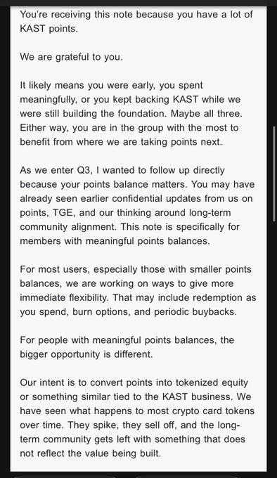 A text message screenshot addressed to KAST points holders discussing Q3 plans to convert points into tokenized equity tied to the KAST business, with references to long-term community alignment.