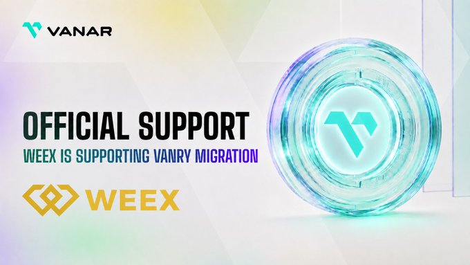 A promotional graphic from WEEX announces "OFFICIAL SUPPORT" with the subtext "WEEX IS SUPPORTING VANRY MIGRATION," featuring the Vanar and Weex logos alongside a glowing circular Vanar emblem, visually confirming the exchange's partnership to support the Vanar (VANRY) network migration as referenced in the post.