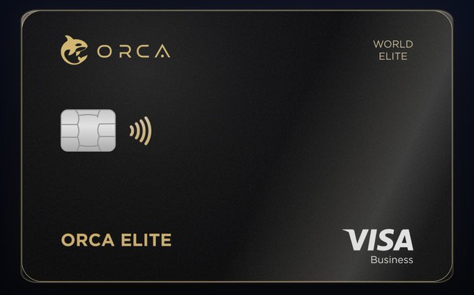 A sleek black credit card design labeled 'ORCA ELITE' with a gold orca whale icon, marked as 'WORLD ELITE' and featuring the 'VISA Business' logo.