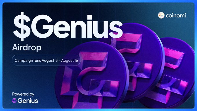 A promotional banner for the $Genius Airdrop campaign, running August 3 – August 16, powered by Genius and featured on the Coinomi app, displaying purple 3D "G" coin graphics alongside the Coinomi logo.