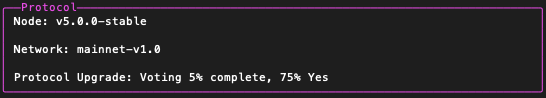 A black interface panel with purple borders displays 'Protocol' information including 'Node: v5.0.0-stable', 'Network: mainnet-v1.0', and 'Protocol Upgrade: Voting 5% complete, 75% Yes'.