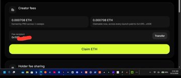 The image shows a "Creator fees" page displaying unclaimed earnings of 0.005708 ETH from PancakeSwap v2 Leagues and 0.005708 ETH from Uniswap v3, with a prominent yellow "Claim ETH" button highlighted by a red arrow—visually demonstrating the step for claiming token launchpad profits referenced in the accompanying "$PONS" claim post.