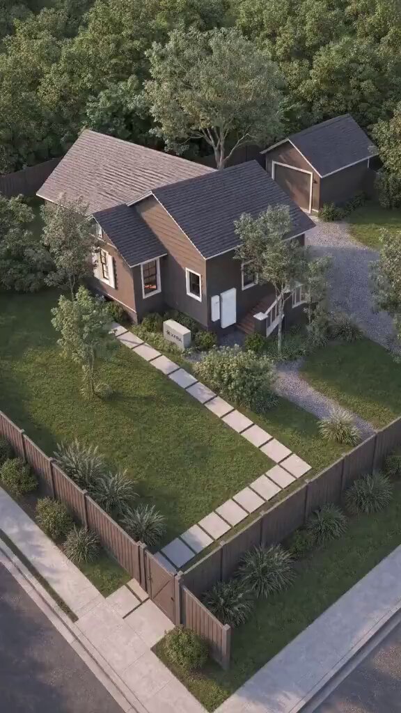 The image shows an aerial view of a house with a brown roof, situated next to a street corner. The house has a small garden area surrounding it, featuring a walkway leading up to the entrance. A fence can be seen on one side of the property, and there is a tree nearby as well. In addition to these features, there are two cars parked in front of the house, indicating that this might be an urban residential setting. The image also contains text that reads "冷知识:英伟达给你发工资", which could possibly be a description or information about the property being sold.