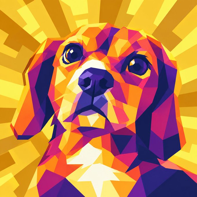 A vibrant, geometric pop-art style portrait of a beagle dog with purple, orange, and yellow colors against a radiating yellow background.