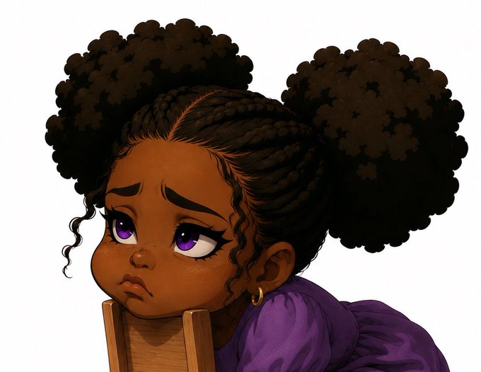An illustration of a young girl with dark skin, large purple eyes, and her hair styled in two large puffy buns, wearing a purple top and a gold hoop earring.